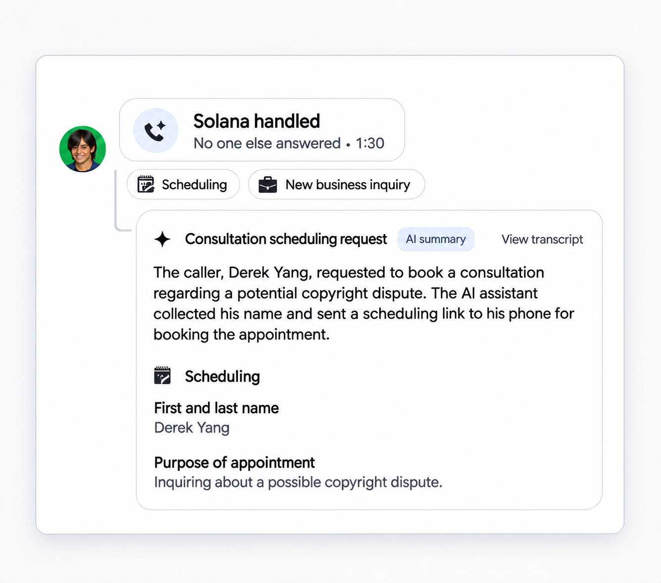 Solana call summary and scheduling card